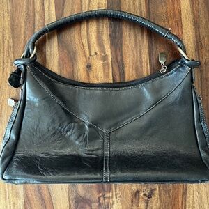 Chabeli Black Leather purse Handbag with contrast stitching and brass Accents